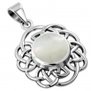 Round Celtic Knot Silver Pendant, set w Mother of Pearl
